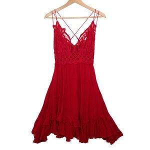 Free People FP One Adella Slip Dress Women Medium Red Lace Crochet Boho Mini